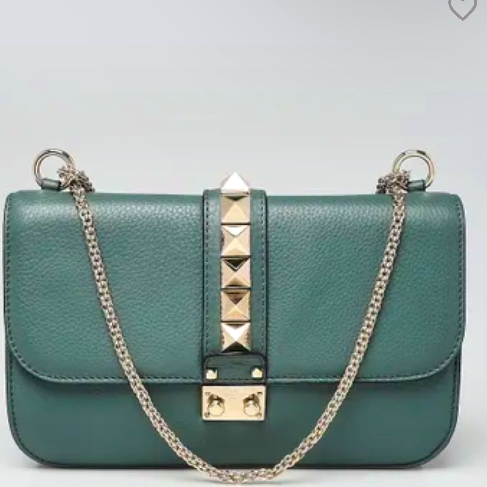 VALENTINO Green Pebbled Leather Rockstud Glam Lock Medium Flap Bag